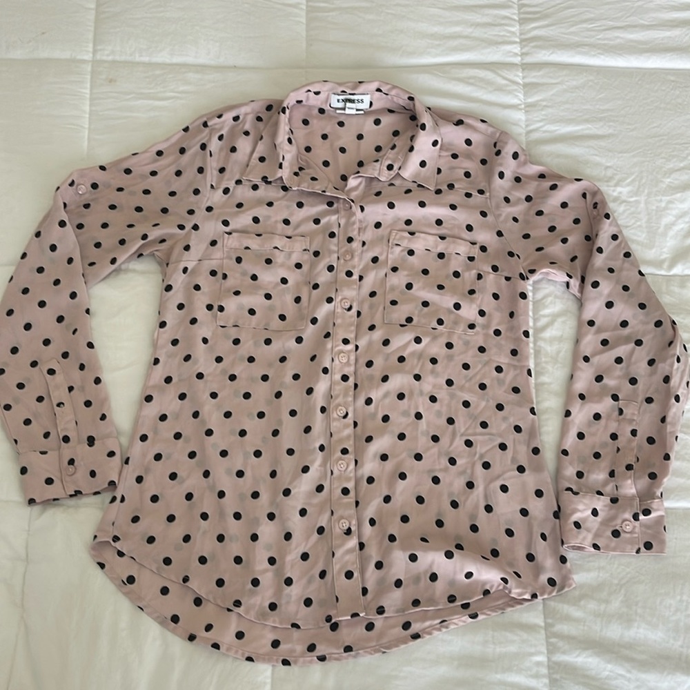 Pink button down shirt with black polka dots